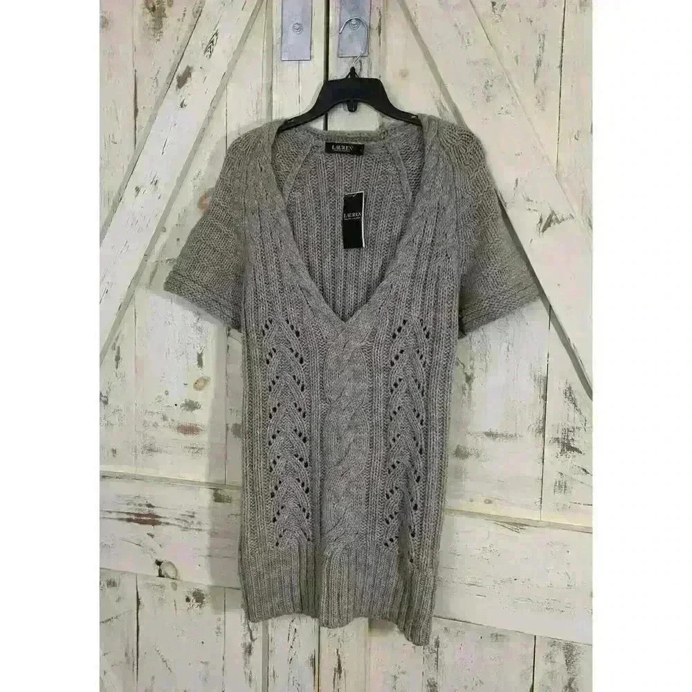 Lauren Ralph Lauren Women V Neck Cable Knit‎ Sweater Mini Size L New